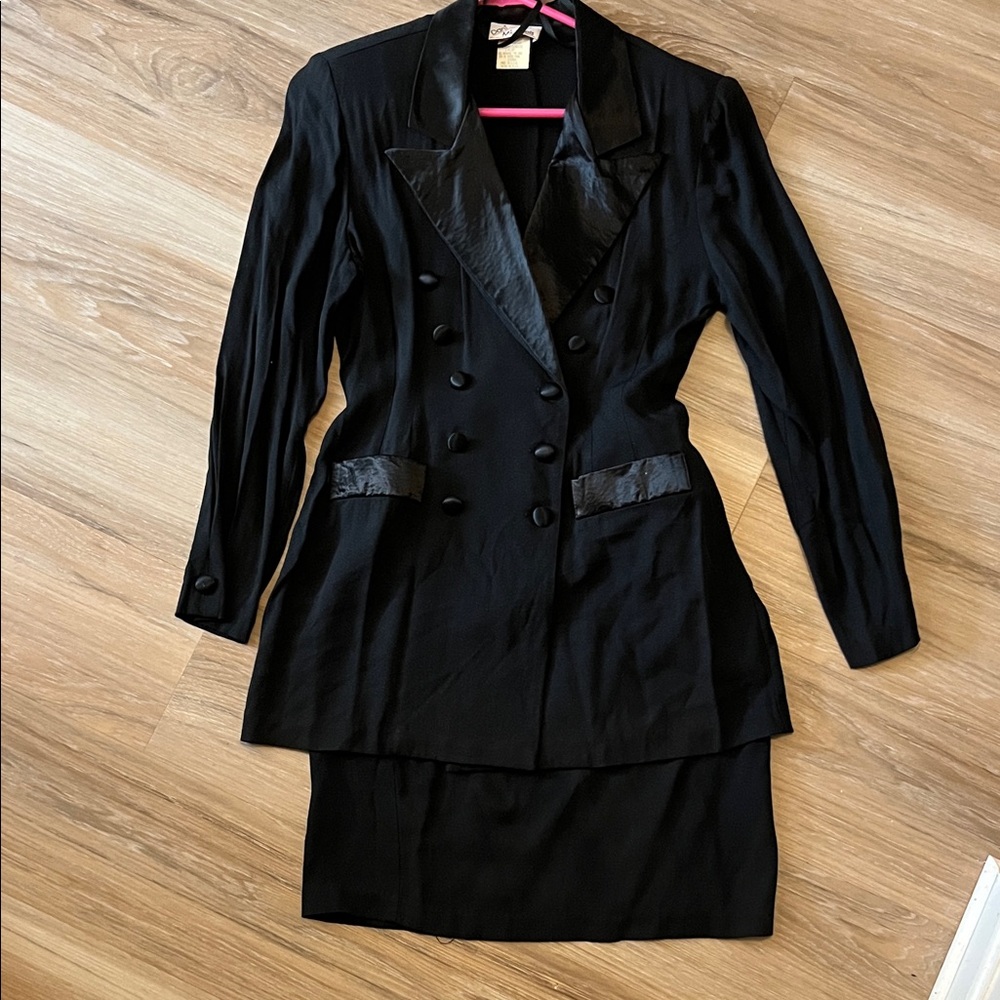 Vintage Dani Michaels Black Satin-Trimmed Blazer and Skirt